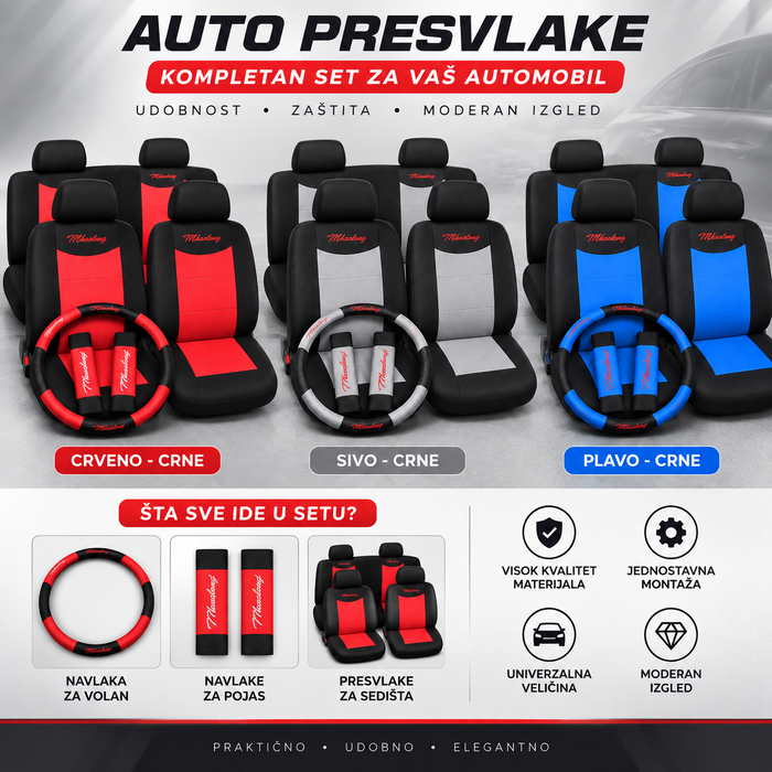 UNIVERZALNE Auto presvlake za sedišta – komplet sa navlakom za volan i pojas