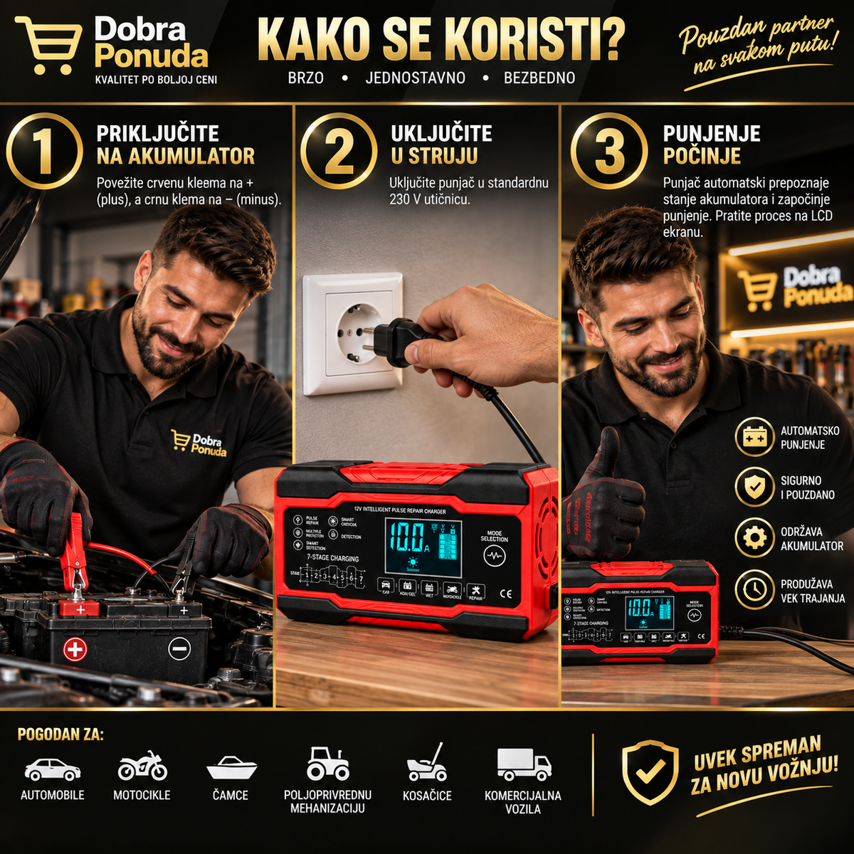 Pametni punjač za akumulator 12V 6A