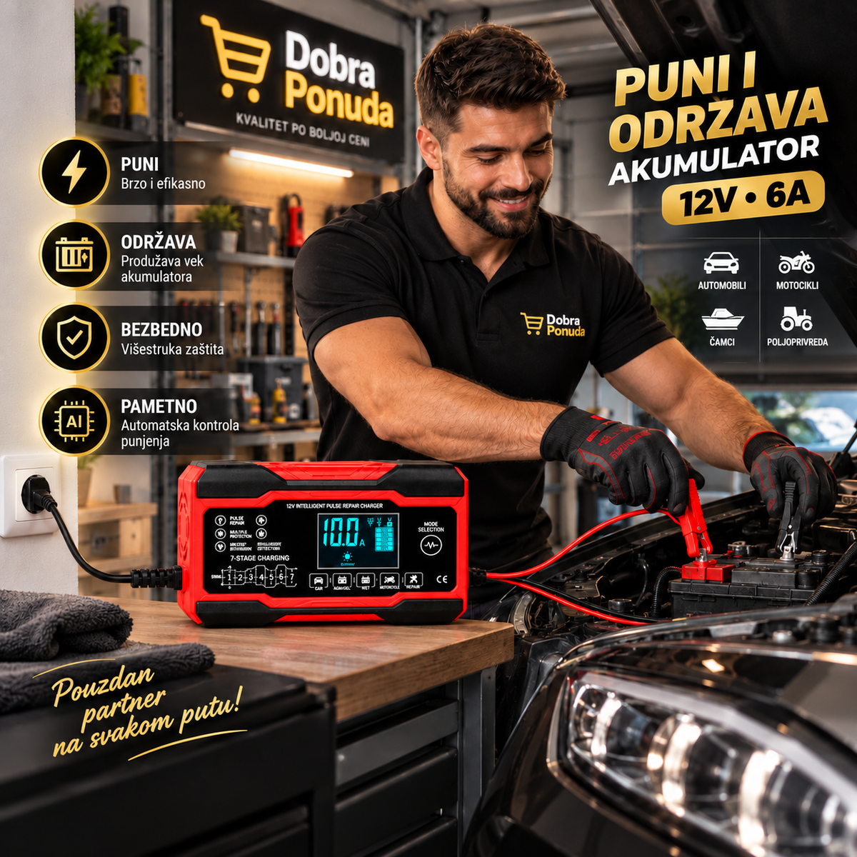 Pametni punjač za akumulator 12V 6A